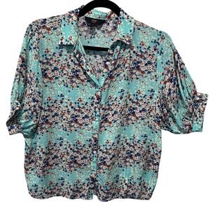 Zink London Women's Turquoise Floral Print Button Down Shirt Size M